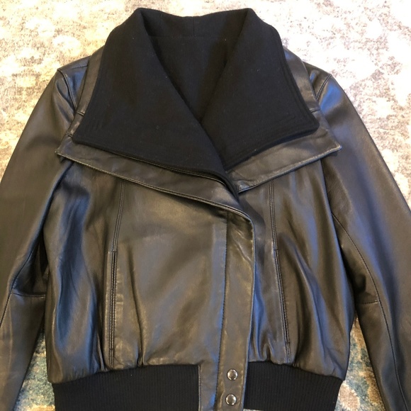Black Leather Jacket with Oversized Moto Collar - Picture 1 of 8